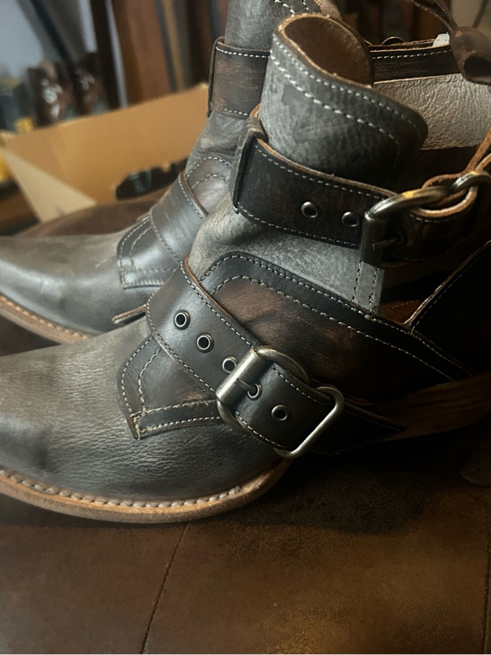 Women’s Leather Ankle Boots with Buckle Strap - Dark Brown